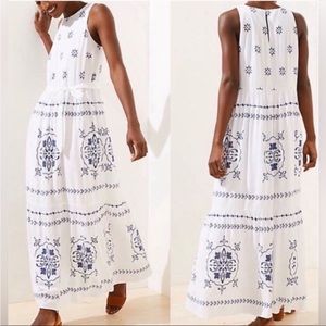 Loft white and blue mosaic maxi dress